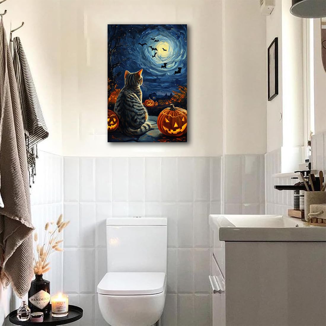 Black Cat Pumpkin Blue Starry Night Halloween Pictures Wall Decor,Bats Under Cosmic Sky Canvas Painting Print,Unique Celestial Home Wall Decor,Cute Animal Autumn Room Art Print,16"x24" Unframed
