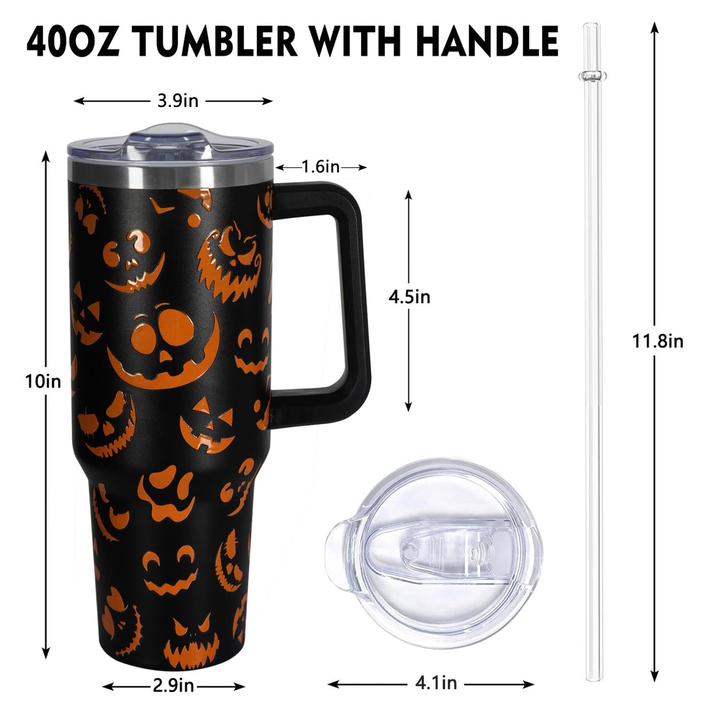 CHOKOMETRY 40 oz Halloween Tumbler With Handle Lid and Straw,5D Orange Pumpkin Ghost Face Print Tumblers,Halloween Stainless Steel Insulated Travel Mug Black Coffee Cup Gifts for Women Men Adults