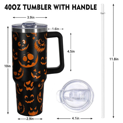 CHOKOMETRY 40 oz Halloween Tumbler With Handle Lid and Straw,5D Orange Pumpkin Ghost Face Print Tumblers,Halloween Stainless Steel Insulated Travel Mug Black Coffee Cup Gifts for Women Men Adults