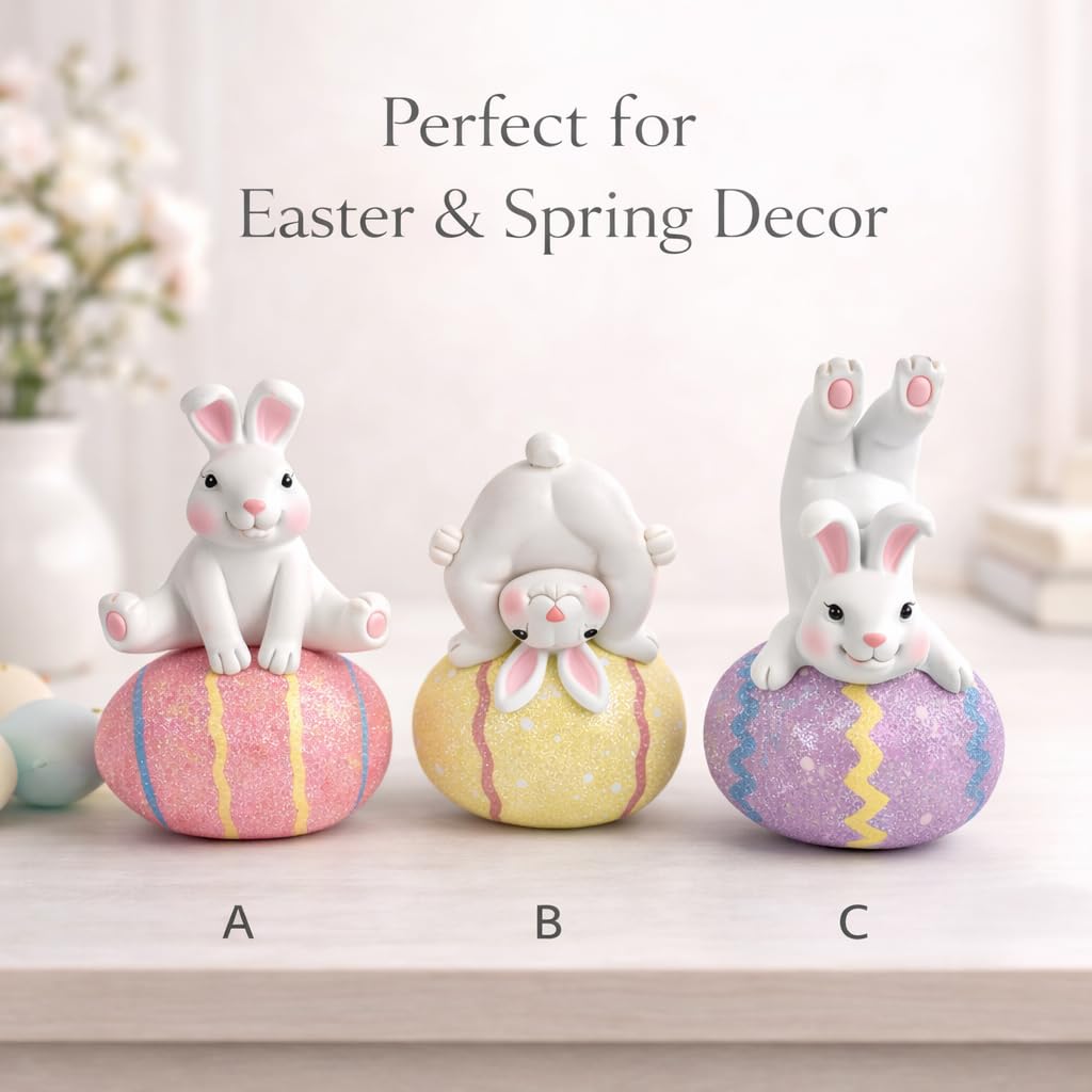 GoGnome Easter Decoration Indoor, Set of 3 Resin Easter Bunny Figurines on Pastel Eggs – 6.5''H Playful Rabbit Spring Decor for Shelf, Mantel & Tabletop (Pink/Yellow/Purple)
