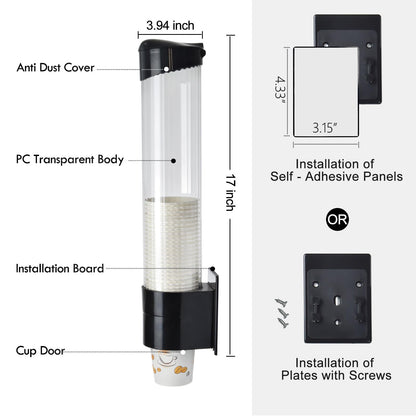 LBTING Cup Dispenser, Water Cooler Pull Type Cup Holder Fits 7oz - 12oz Cone or Flat Bottom Cups, Paste or Screw Plate Wall Mount, 16.9" Tube Length Black