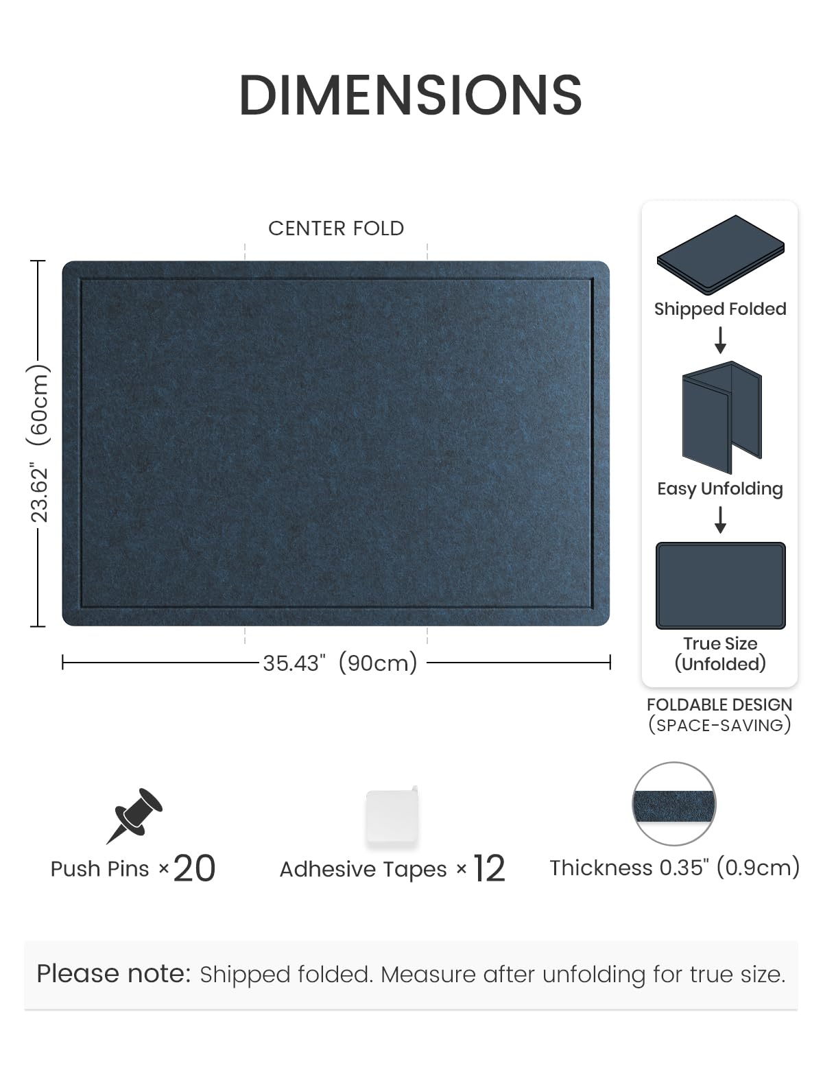 Fluxynara Bulletin Board,35.4" x 23.6" Cork Board Alternative with 12 Safe Removable Adhesive Tabs, Foldable Felt Pin Board for Home Office, Classroom, Bedroom,Entryway for Walls—Carbon Blue