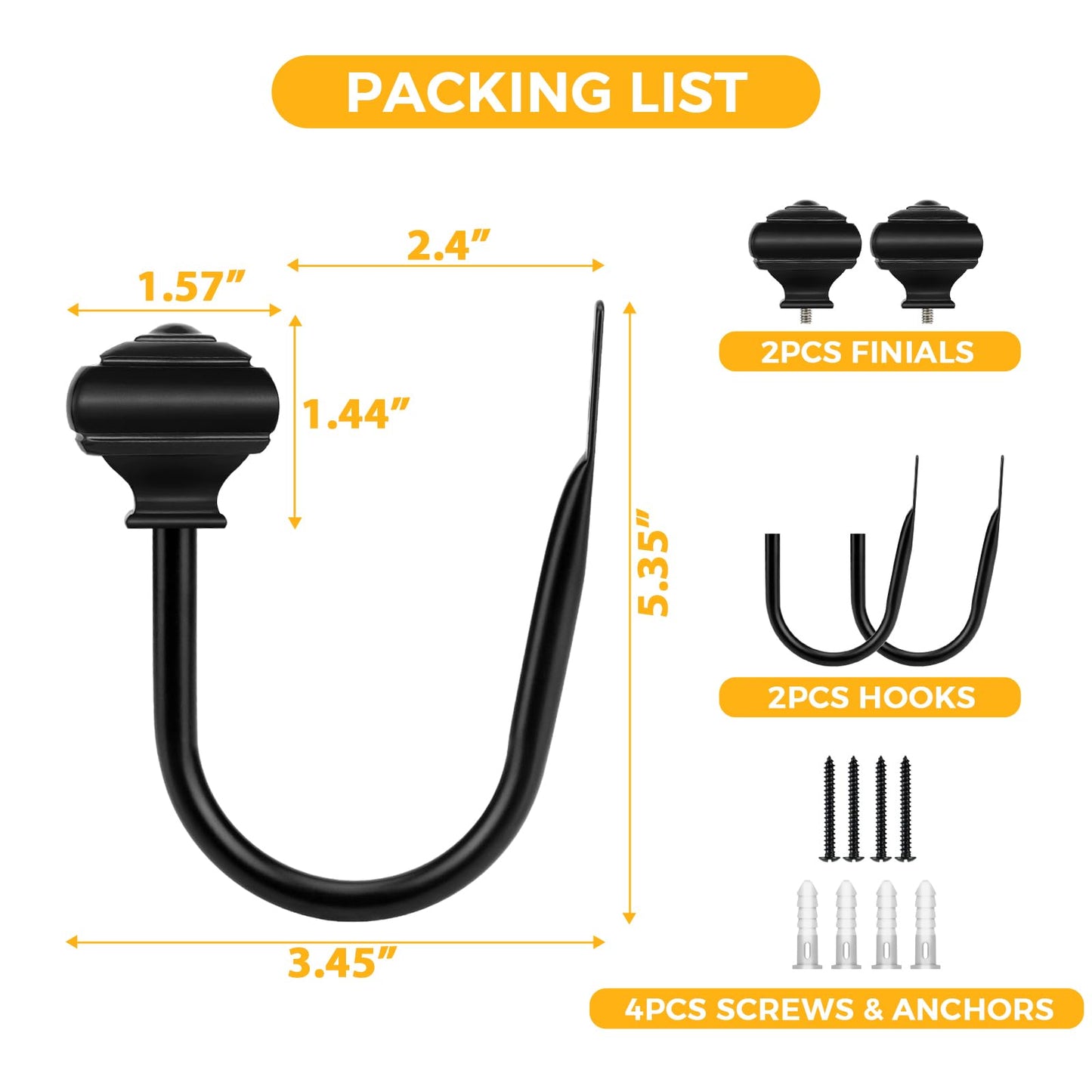 2 Pack Black Curtain Tiebacks, USFOOK Decorative Window Drapery Holdbacks (2 Pack/1 Pair), Curtain Hooks for Drapes with Square Finials (3.45" L x 5.35" W)