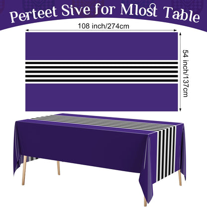 Oudain 6 Pcs Striped Tablecloth 108 x 54 Inch Disposable Plastic Table Cloth Waterproof Tablecloth Rectangle Table Cover for Halloween Birthday Wedding Bridal Party Supplies (Black White Purple)