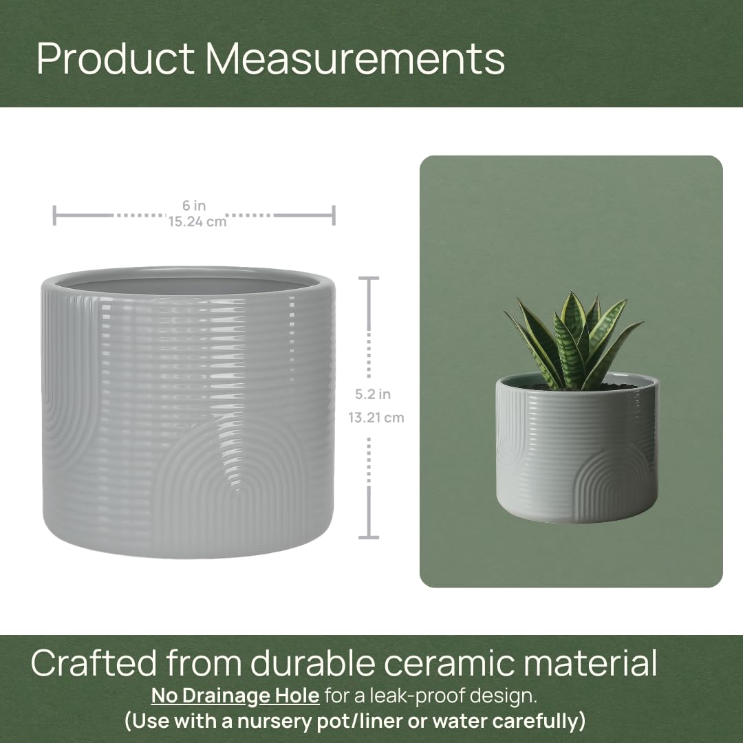 ÈMJÉ LUXE 6 Inch Ceramic Plant Pot – Decorative Indoor Planter (No Drainage Hole) for Succulents, Herbs & Houseplants – Modern Tabletop Desk Planter – Stone Gray