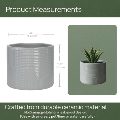 ÈMJÉ LUXE 6 Inch Ceramic Plant Pot – Decorative Indoor Planter (No Drainage Hole) for Succulents, Herbs & Houseplants – Modern Tabletop Desk Planter – Stone Gray