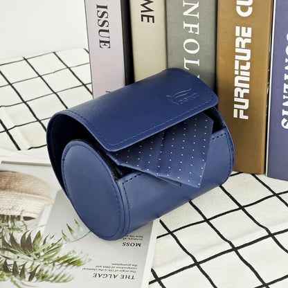 BALITIOYI Leather Tie Case Box Organizer for Men's Necktie and Bow Tie Storage Travel Gift Box (round button, Blue, 4.3" x 3.3" x 3.3")