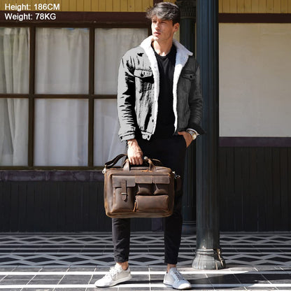 TIDING Full Grain Leather 17.3 Inch Laptop Briefcase for Men, Multi Pockets Work Bag Business Travel Messenger Shoulder Bag