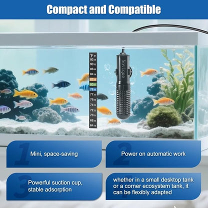 25W Mini Aquarium Heater Submersible Constant Temperature Fish Tank Betta Heater Free Thermometer Sticker Suitable for 1-6 Gallons Saltwater and Freshwater Tanks