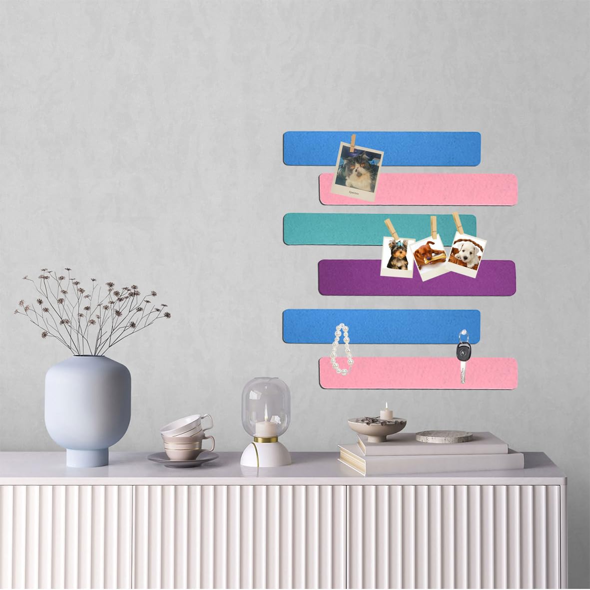 Vuzvuv 8 pcs Bulletin Board Bar Strips with 50 Pushpins & 10 Wooden Clip pins，Self Adhesive Cork Board for Wall，Felt Pin Board for School，Office Decor(Green Blue Pink Purple)