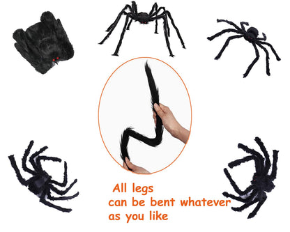 JIEFULL Halloween Decoration Giant Spider, 5 Ft Scary Hairy Spider - Black, Brown & White, Large Props for Halloween Outside Haunted House Yard Lawn Home Decor (Black)