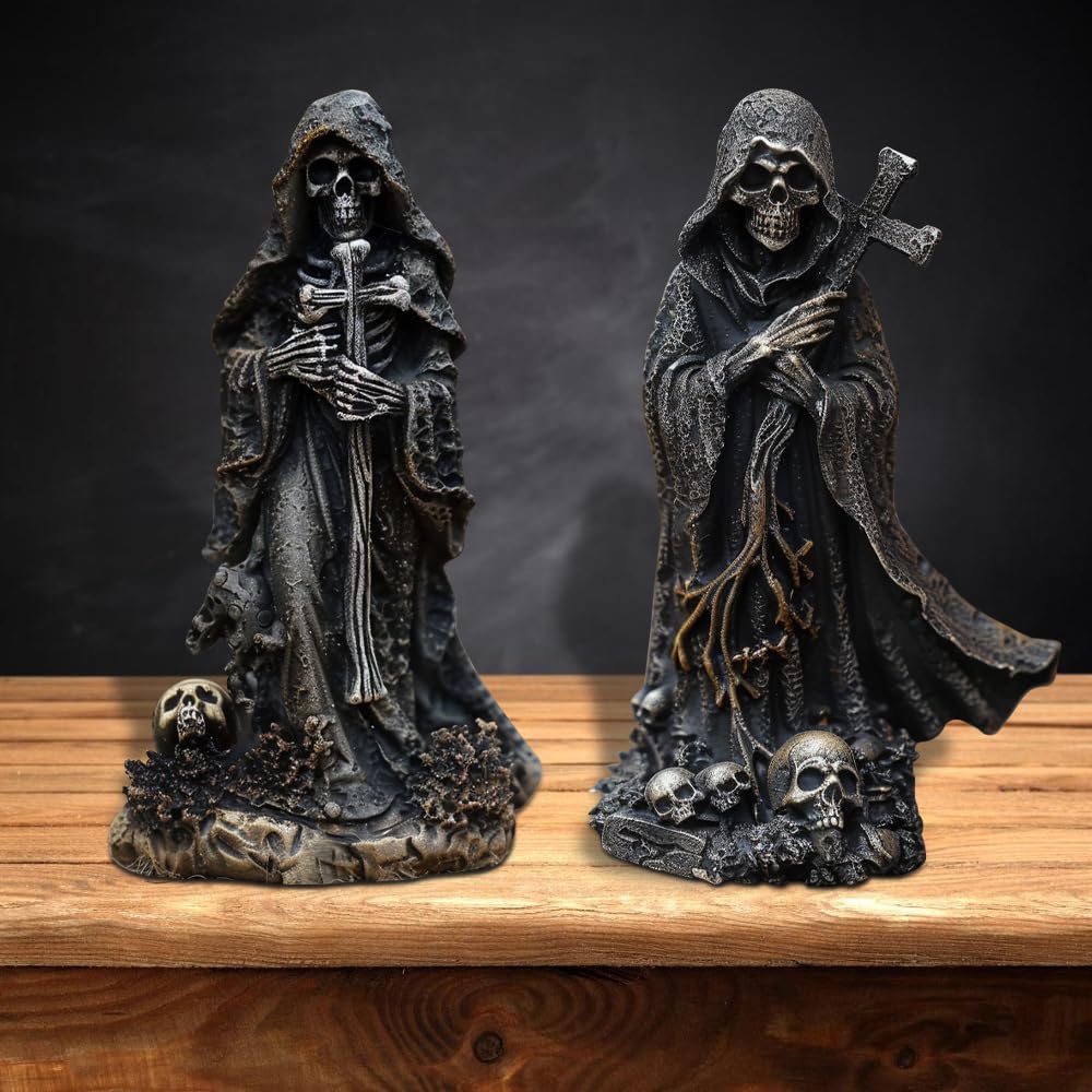MBVBN Halloween Skeleton Statue - Gothic Decor with Skull Resin Art Sculpture, Cross Cloak Skeleton for Table Decor