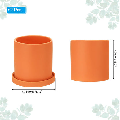PATIKIL 4.3 Inch Ceramic Plant Pots, 2 Pack Modern Flower Planters with Drainage Holes and Tray for Decorate Home Indoor Plants Succulent Herb, Orange