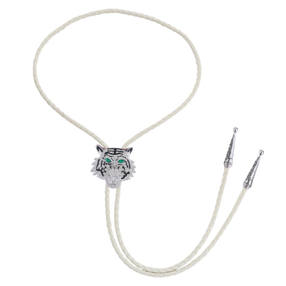 GelConnie Rhinestone Bolo Tie for Women Full Rhinestone Tiger Head Silver Bolo Tie for Men Wedding White Leather Cord Cowboy Ties