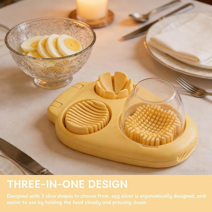 3-in-1 Egg Slicer for Hard Boiled Eggs, Stainless Steel Wire Egg Cutter with ABS Frame, Multi-Functional Kitchen Gadget for Slicing Strawberries, Bananas, Mushrooms & Cheese(Yellow)