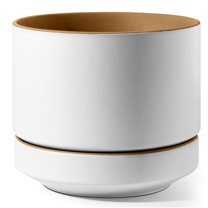 LE TAUCI 12 Inch Pot for Plants with Saucer, Ceramic Indoor Planter Pot with Drainage Hole, Mesh Pad Included, Matte Glazed Outside, Modern for Home and Office, Alpine White & Ochre