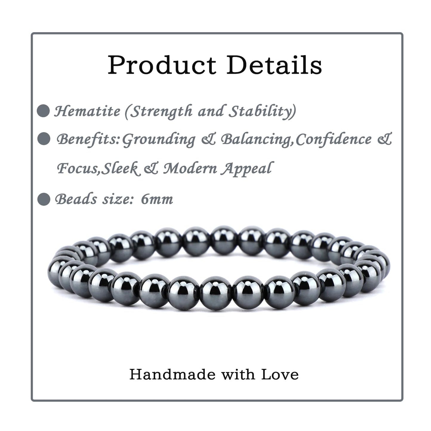 Bymitel 6mm Hematite - Handmade Reiki Gemstone Stretch Bracelet, Natural Beauty & Spiritual Essence, Crystal Healing for Unisex Adults