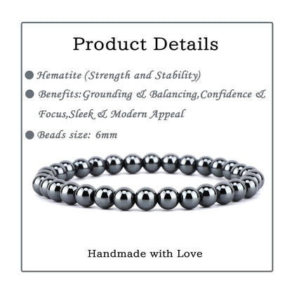 Bymitel 6mm Hematite - Handmade Reiki Gemstone Stretch Bracelet, Natural Beauty & Spiritual Essence, Crystal Healing for Unisex Adults