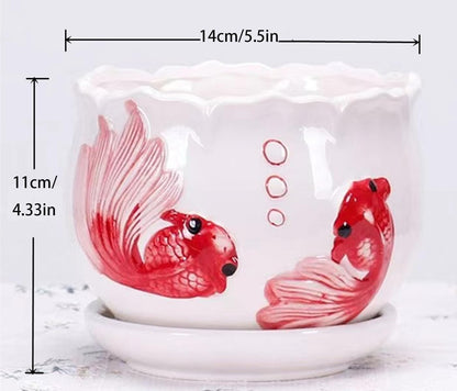 Brother Yixiu Ceramic Home/Garden Modern Flower Planter Pot with Saucer/Tray - Outside Red Fish Design,Meaning More Than Enough Year After Year (Like a Fish in Water)