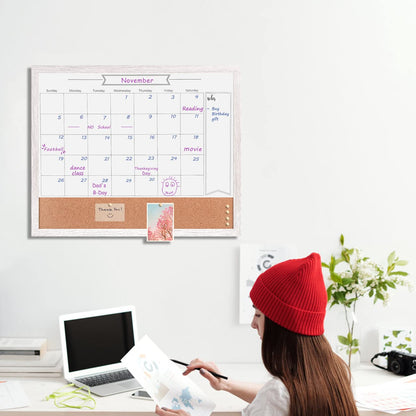 Dry Erase Calendar Whiteboard for Wall, Combination Magnetic Dry Erase White Board & Bulletin Board, 17.7" x 21.6" White Wood Framed Calendar/Cork Combo Board(WH-4555)