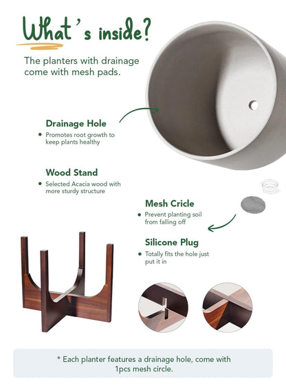LE TAUCI 12 Inch Plant Pot with Acacia Wood Stand, Ceramic Large Planters for Indoor Plants, Indoor Pots for Plants Office Living Room, Cylinder Planter with Drainage Hole and Plug, Neutral Gray