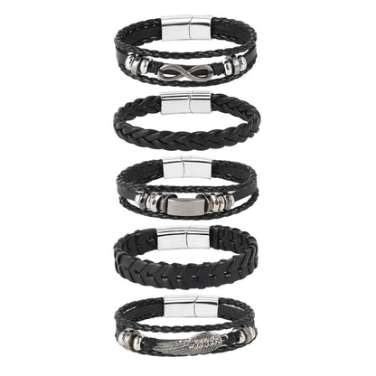 MILAKOO 5Pcs Punk Bracelets for Men Stainless Steel Clasp Woven Braided Leather Wristband Goth Style