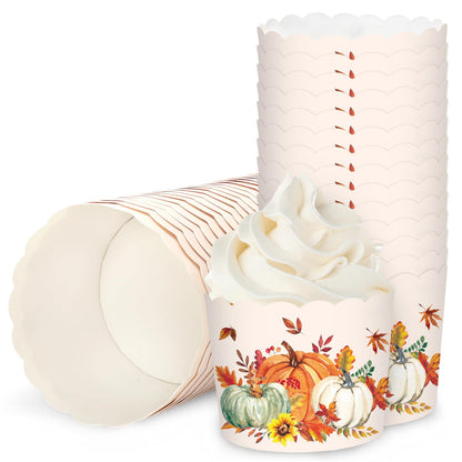 JarThenaAMCS 100 Pcs Fall Baking Cups Watercolor Orange Green White Pumpkin Maple Leaf Wrappers Cupcake Muffin Cases for Thanksgiving Autumn Party