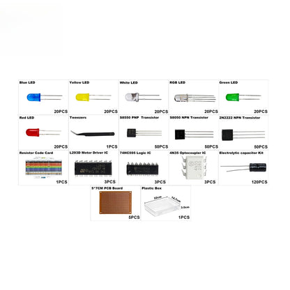 WOWOONE 805 Pcs Electronic Component Kit Compatible with Arduino, Raspberry Pi & STM32 | 4N35,74HC595,L293D,1% Resistors,RGB LEDs,5 PCB Boards,Storage Box for STEM DIY Projects