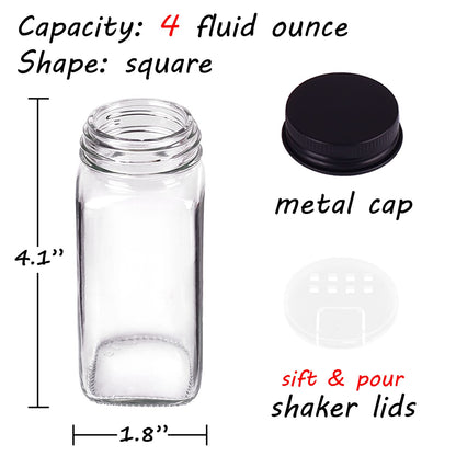 Churboro 25 Spice Jars with 547 Labels- Glass Spice Jars with Black Metal Caps, 4oz Empty Spice Containers with Shaker Lids, Funnel, Chalk Pen, Square Seasoning Bottles for Spice Rack, Drawer, Cabinet