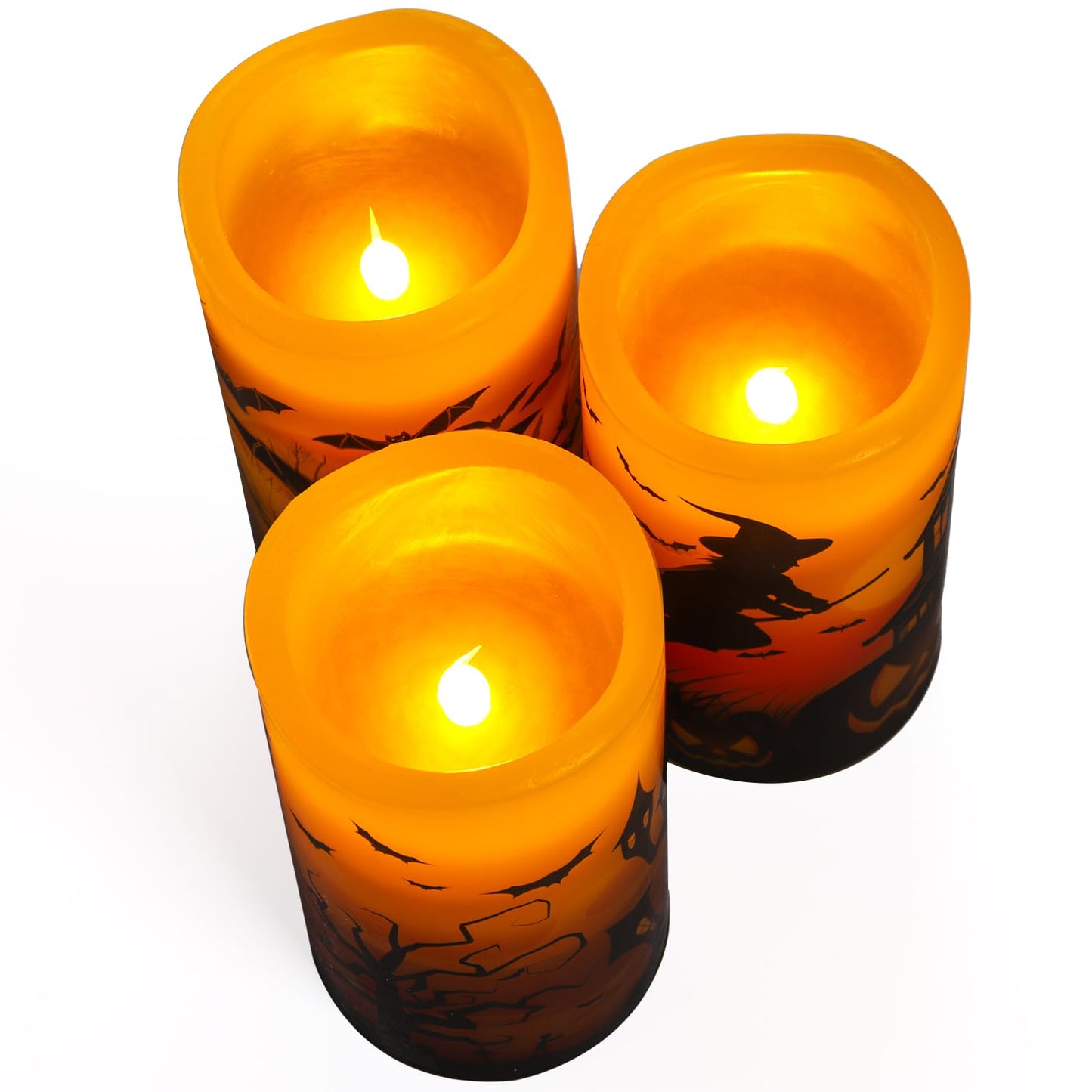 Hbaushun Halloween Flameless Candles 3 Pack with 6 Hour Timer,Battery Operated Real Wax LED Pillar Flickering Candles Warm Light with Castle, Witch, Bats Decal Halloween Decorations Candles