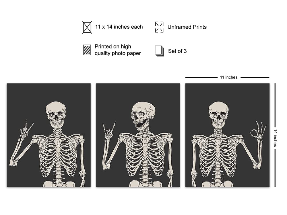 Skeleton Wall Art & Decor 11x14 - Halloween Wall Art - Goth Home Decor - Gothic Room Decoration, Pagan Gifts - Funny Skull Artwork, Bedroom Dorm Man cave - Men Boys Teens - Witchy Picture Poster Print
