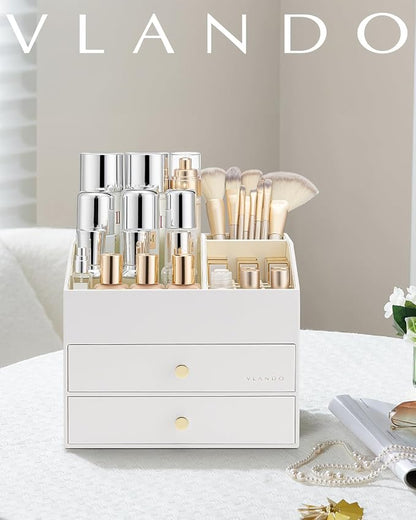 VLANDO Makeup Organizer for Vanity,Large Capacity Countertop Organizer with Drawers, PU Leather Cosmetic Display Case for Lipstick,Brushes,Skincare,Nail polish and Bedroom Storage (White)