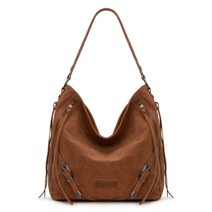 Wrangler Large Brown Hobo Bags for Women Purses and Handbags with Buckle Fringe Zipper Faux Suede Leather Shoulder Bag WG245-918BR