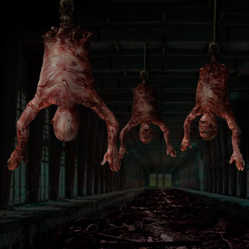 MOLEZU Hanging Torso Severed Skinned, Halloween Party Props Latex Limbless Hanging Half Body Corpse Haunted House Decorations 40x30x7 inches (A)