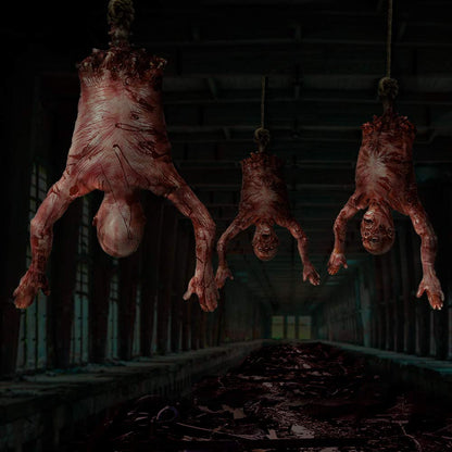MOLEZU Hanging Torso Severed Skinned, Halloween Party Props Latex Limbless Hanging Half Body Corpse Haunted House Decorations 40x30x7 inches (A)