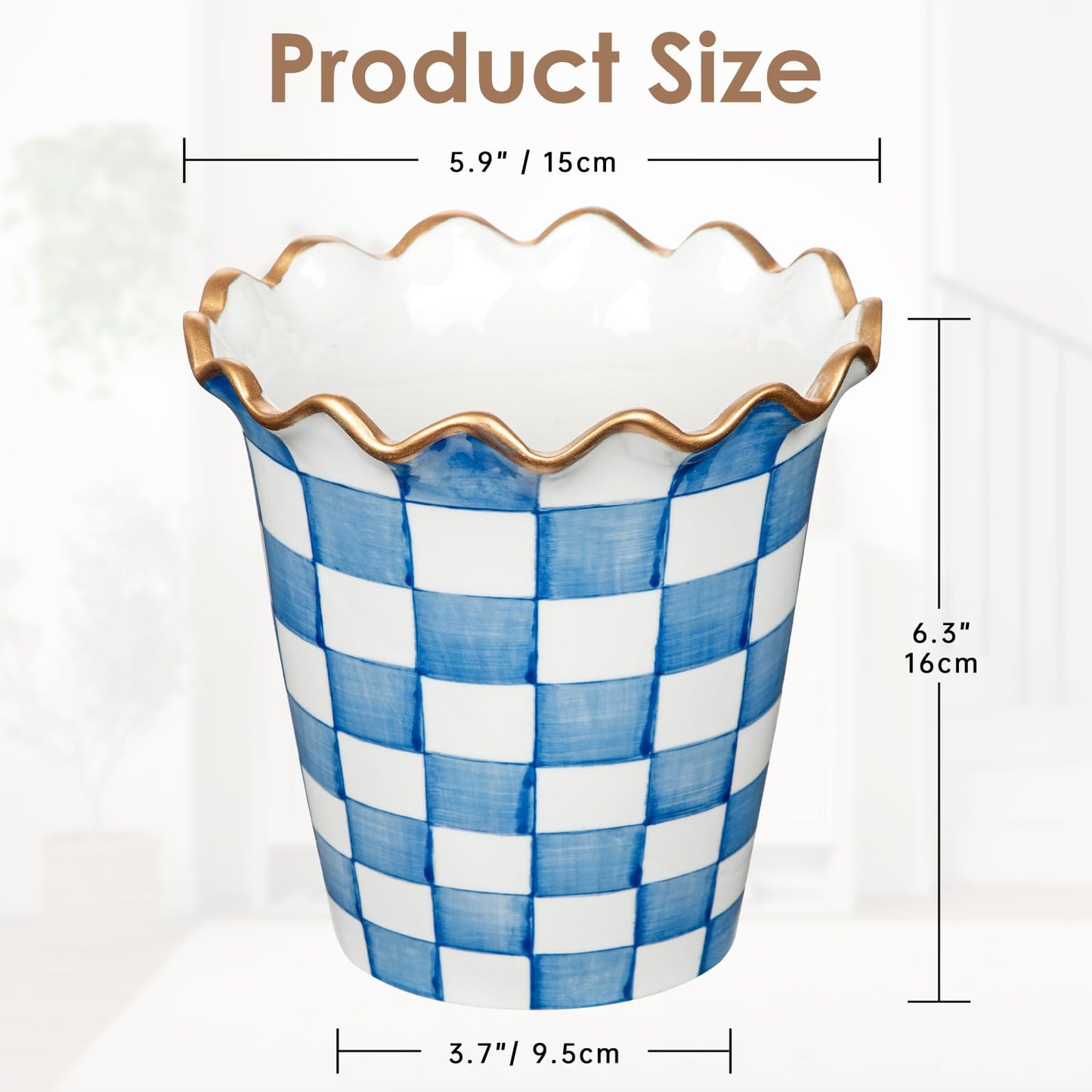 Briful Ceramic Planter with Drainage Hole, 5.9in Blue and White Checkered Flower Pot for Indoor Plants, Modern Decorative Plant Pot for Succulents, Orchids & Herbs, Home Office Decor