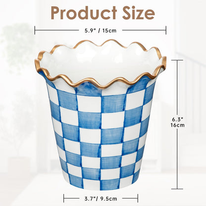 Briful Ceramic Planter with Drainage Hole, 5.9in Blue and White Checkered Flower Pot for Indoor Plants, Modern Decorative Plant Pot for Succulents, Orchids & Herbs, Home Office Decor