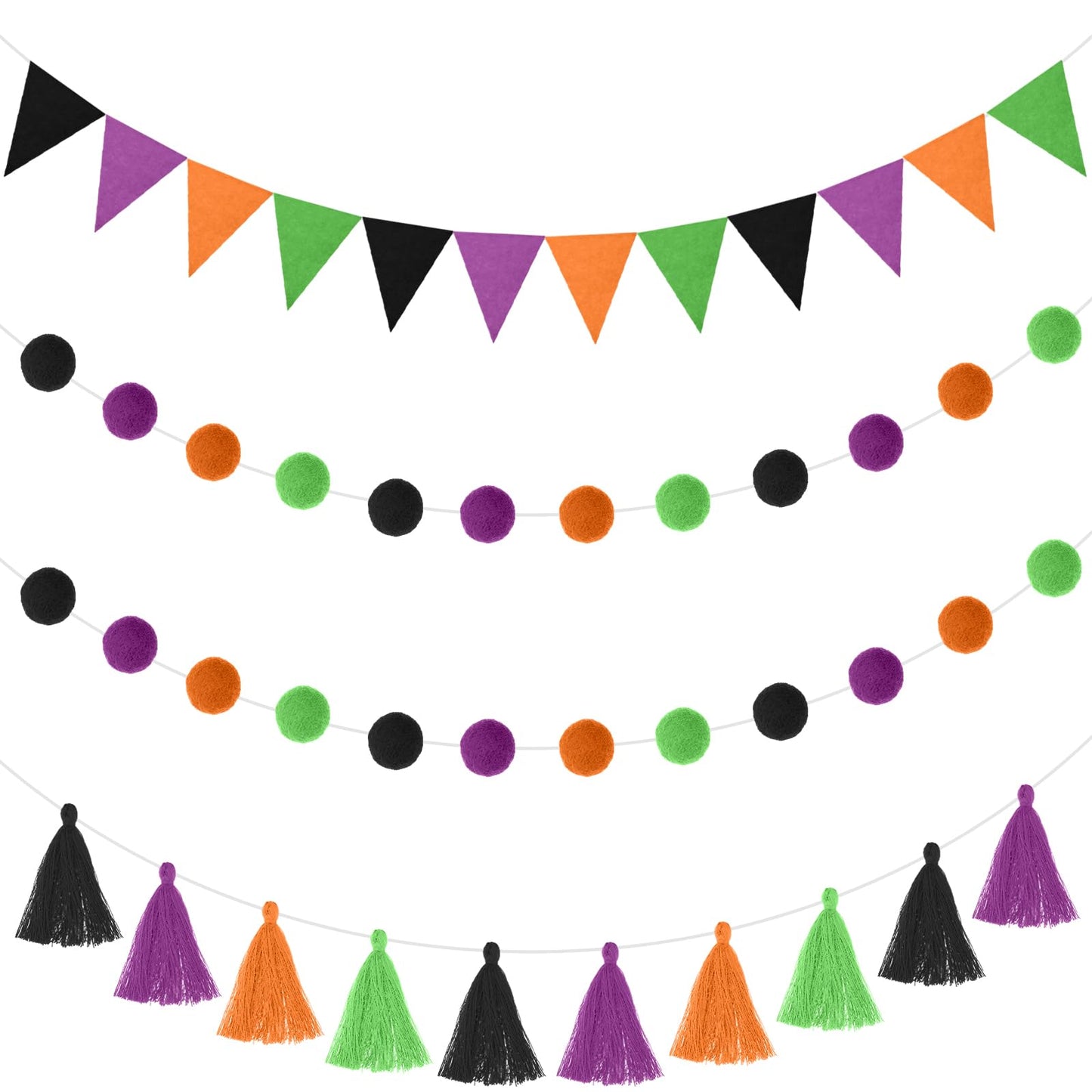 Irenare 9.8 ft Halloween Orange Black Purple Green Pom Pom Garland Felt Fabric Garland Set Colorful Tassel Banner 3.6 ft Felt Pennant Banner for Classroom School Fireplace Birthday Party