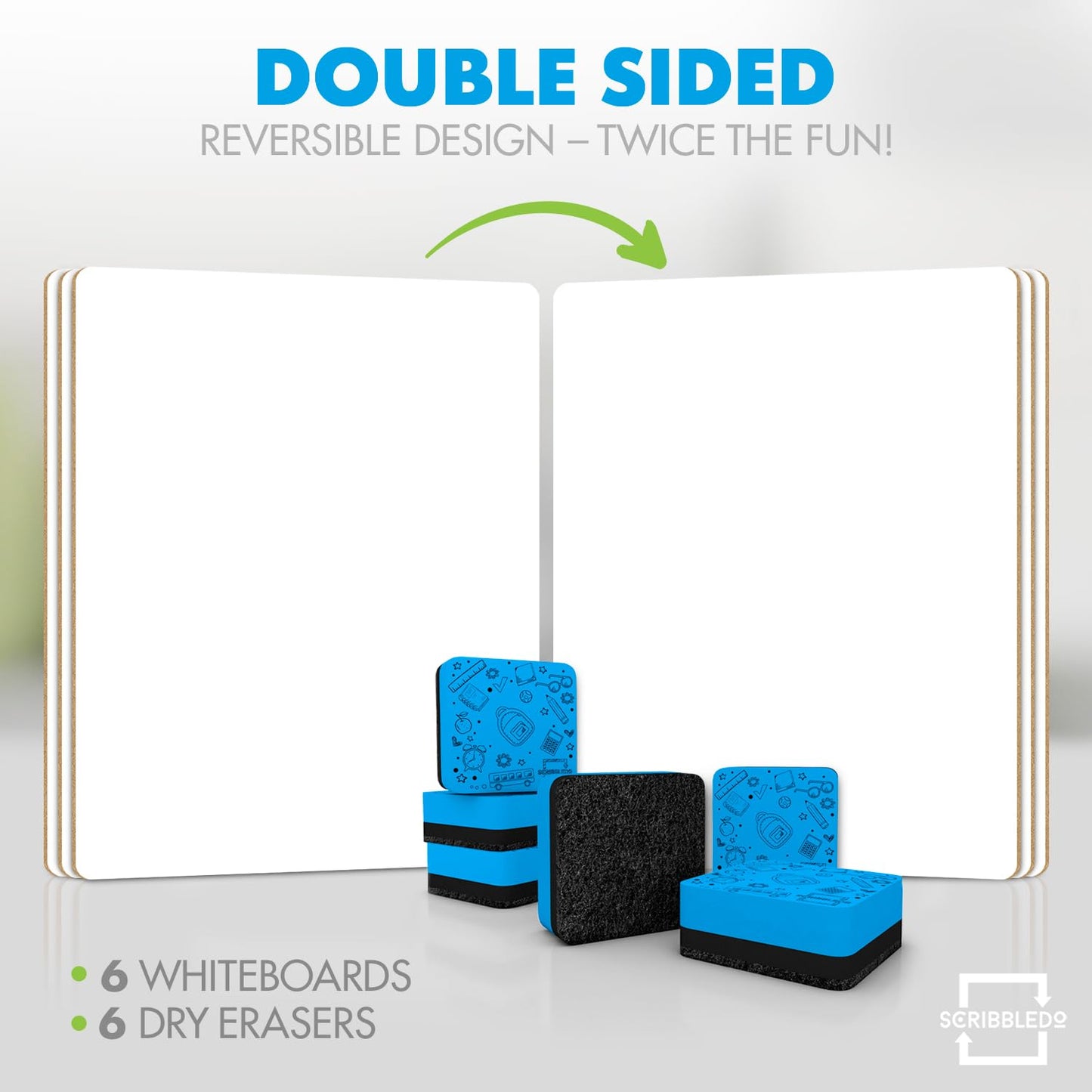 Scribbledo Small Dry Erase Boards for Students, 6 Pack 9 x 12 Double Sided White Boards with 6 Erasers, Student White Boards for Classroom, Personal Whiteboards for Kids, Mini Lap Boards