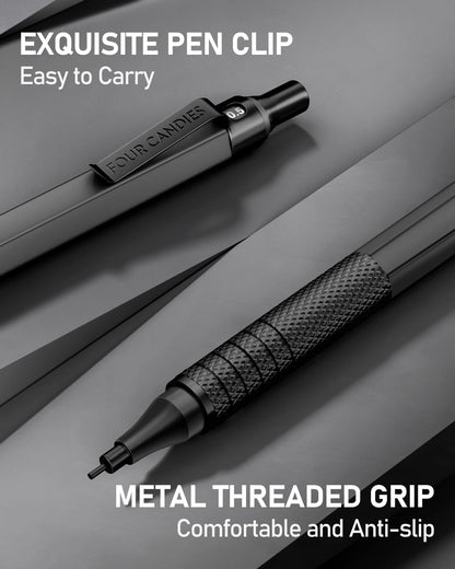 Four Candies 2PCS Metal Mechanical Pencils Set with Case, 0.5mm & 0.7 mm Artist Pencil with 6 Tubes (360PCS) HB Lead Refills, 3 Erasers,9 Eraser Refills For Writing Drafting, Drawing, Black&Silver