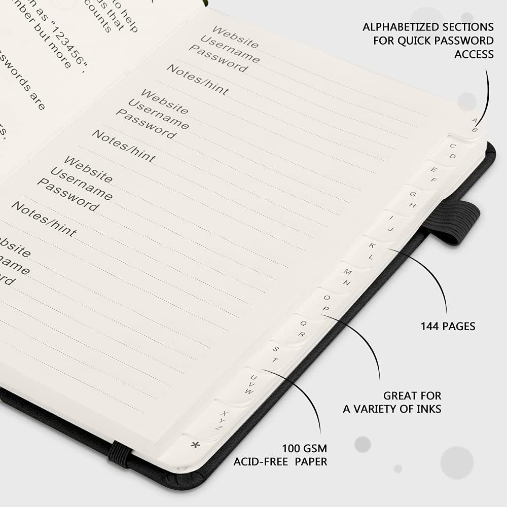JUBTIC Password Book with Alphabetical Tabs Medium Size Password Keeper Logbook for Internet Log in Website Address Detail. Hardcover Password Notebook Journal & Organizer for Home Office, Black