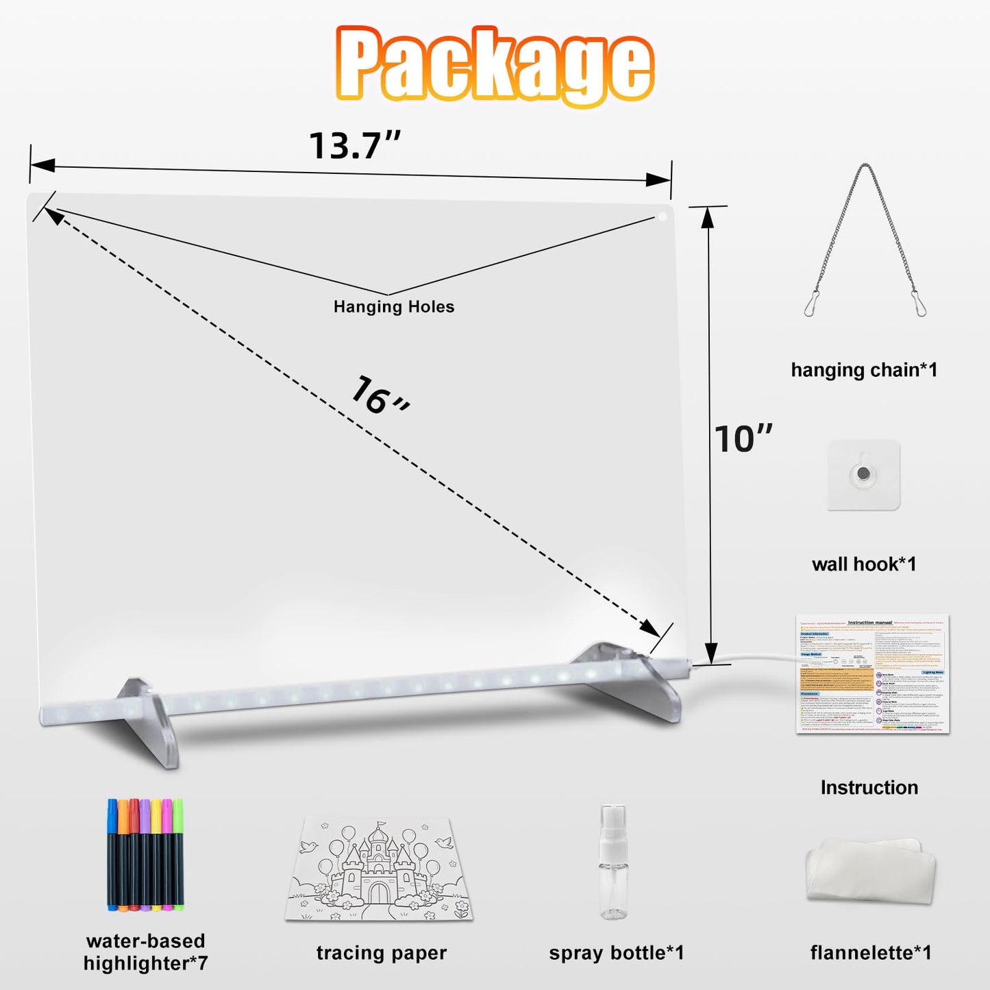 LED Note Board with Colors, 13.7"X10" 6 Modes & 8 Colors Acrylic Dry Erase Boards with Light, Led Drawing Board for Kids with Stand,Birthday Holiday Day Gifts for Girls & Boys Age 3+