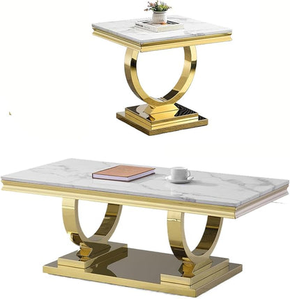 2 Piece Living Room Table Set Include 1 Faux Marble Coffee Table & 1 End Table, Modern White Gold Coffee Table Set of 2 with Double O Shape Stainless Steel Pedestal Base