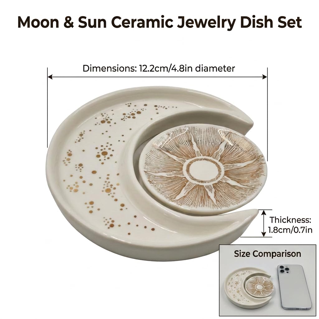 Ceramic Jewelry Dish Tray 2-Pack, Sun and Moon Ring Holder for Earrings, Key bowl, Unique Vanity Decor for Bedroom, Small Trinket Plate for Women Mom Daughter Bride Gifts,Engagement Birthday Gift