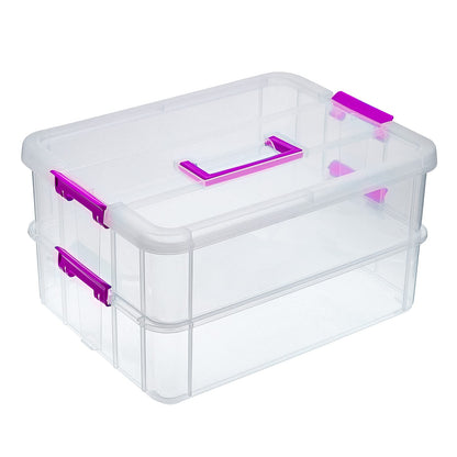 BTSKY 2 Layer Stack & Carry Box, Plastic Multipurpose Portable Storage Container Box Handled Organizer Storage Box for Organizing Stationery, Sewing, Art Craft, Jewelry and Beauty Supplies(Purple)