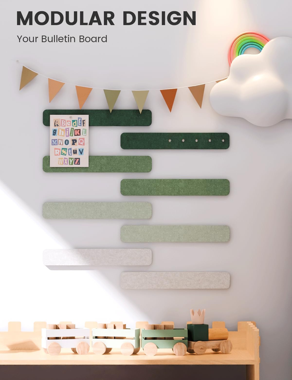 Fluxynara Cork Board Alternative Felt Strip Board 8-Pack 13"x2", Office Pin Board with 50 Push Pins, Adhesive Install for Bedroom Door & Home Office (Sagewood)