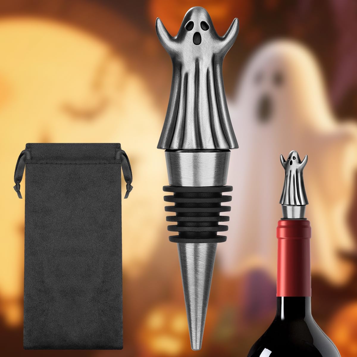 MR.BARWARE Ghost Wine Stopper – Spooky Gift for Men Women, Silver Ghost-Shaped Bar Accessory with Gift Bag, Perfect for Halloween Birthday Fathers Day Christmas
