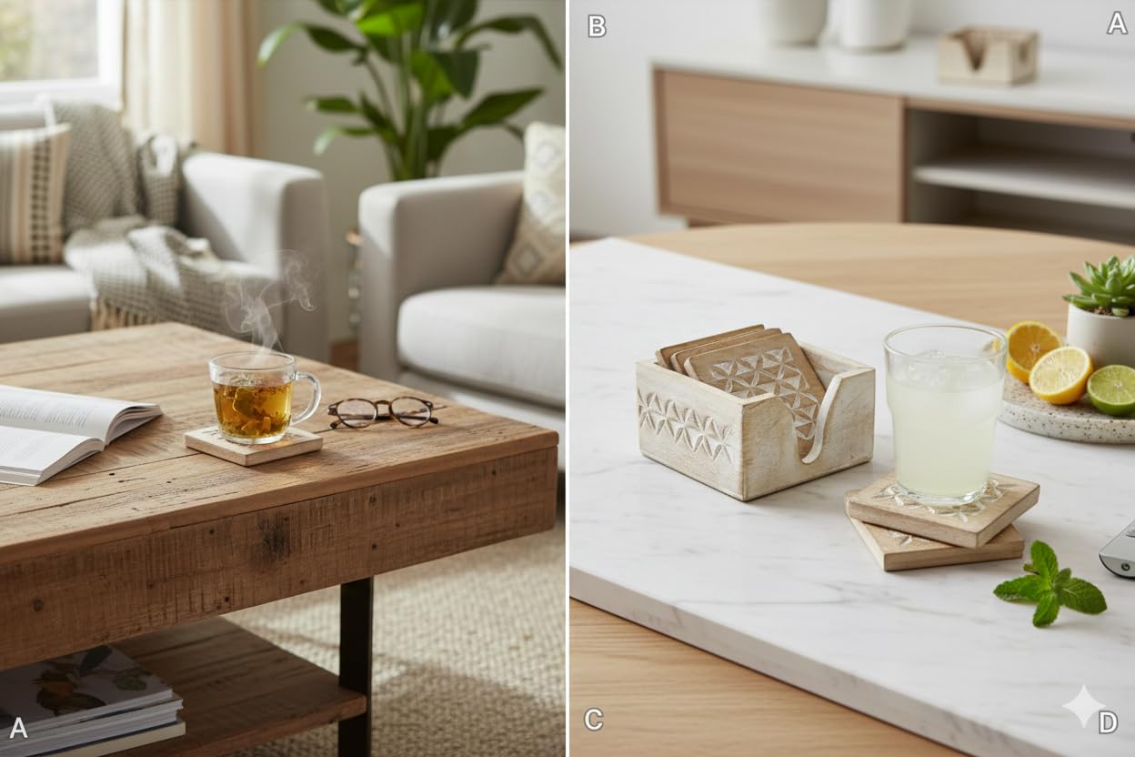 Wooden Set of 6 Whitewash Coasters with Holder Stand | White Distressed Coasters for Tea, Coffee & Drinks | Dining Table & Home Décor