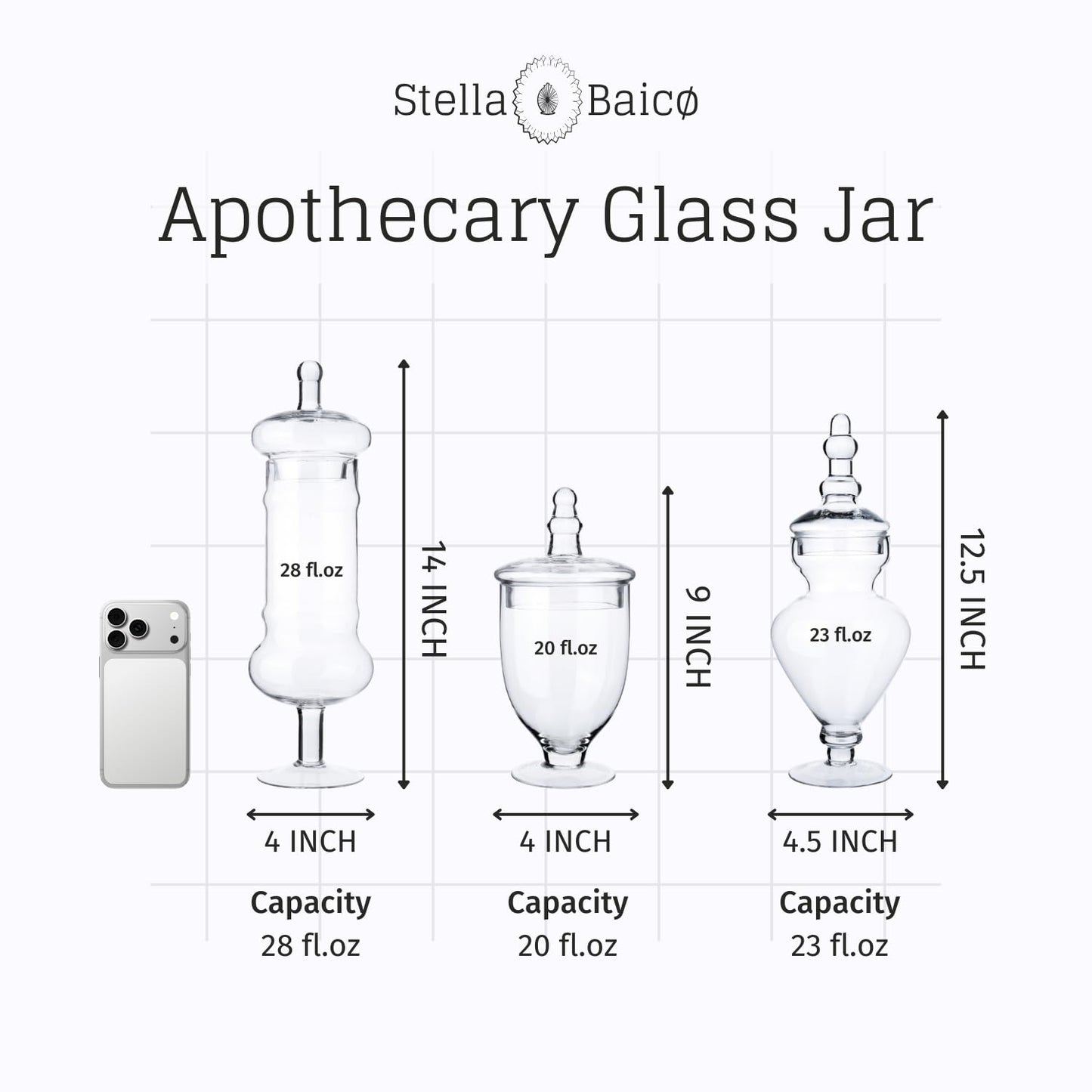 Stella Baicø 3-Pack Glass Apothecary Jars with Lids – Decorative Candy Storage Containers for Wedding, Buffet, Kitchen (H: 9", 12.5", 14")