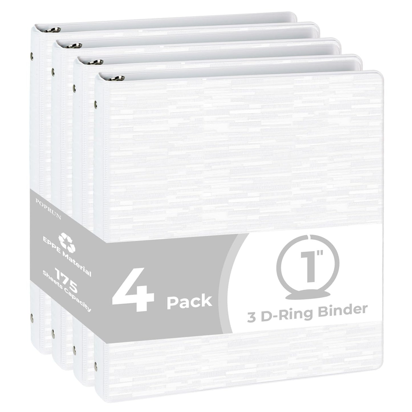 POPRUN 3 Ring Binder 1 Inch, PVC-Free, Holds 175 Sheets of 8.5 x 11 Paper, Extra Durable Organizer with 2 Pockets for School & Office, Heavy-Duty, 4 Pack, White